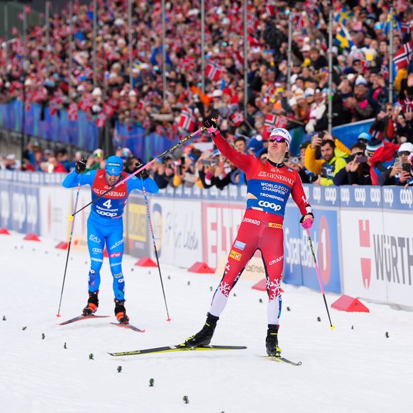 epa11927876 Johannes Hosflot Klaebo wins the men&#039;s cross-country sprint final at the FIS Nordic World Ski Championships in Trondheim, Norway, 27 February 2025. EPA/Lise
