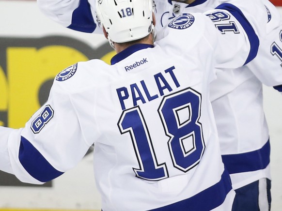 Tampa Bay Lightning&#039;s Brian Boyle, right, celebrates his first goal of the game with teammate Ondrej Palat, from the Czech Republic, during the first period of an NHL hockey game against the Calg ...