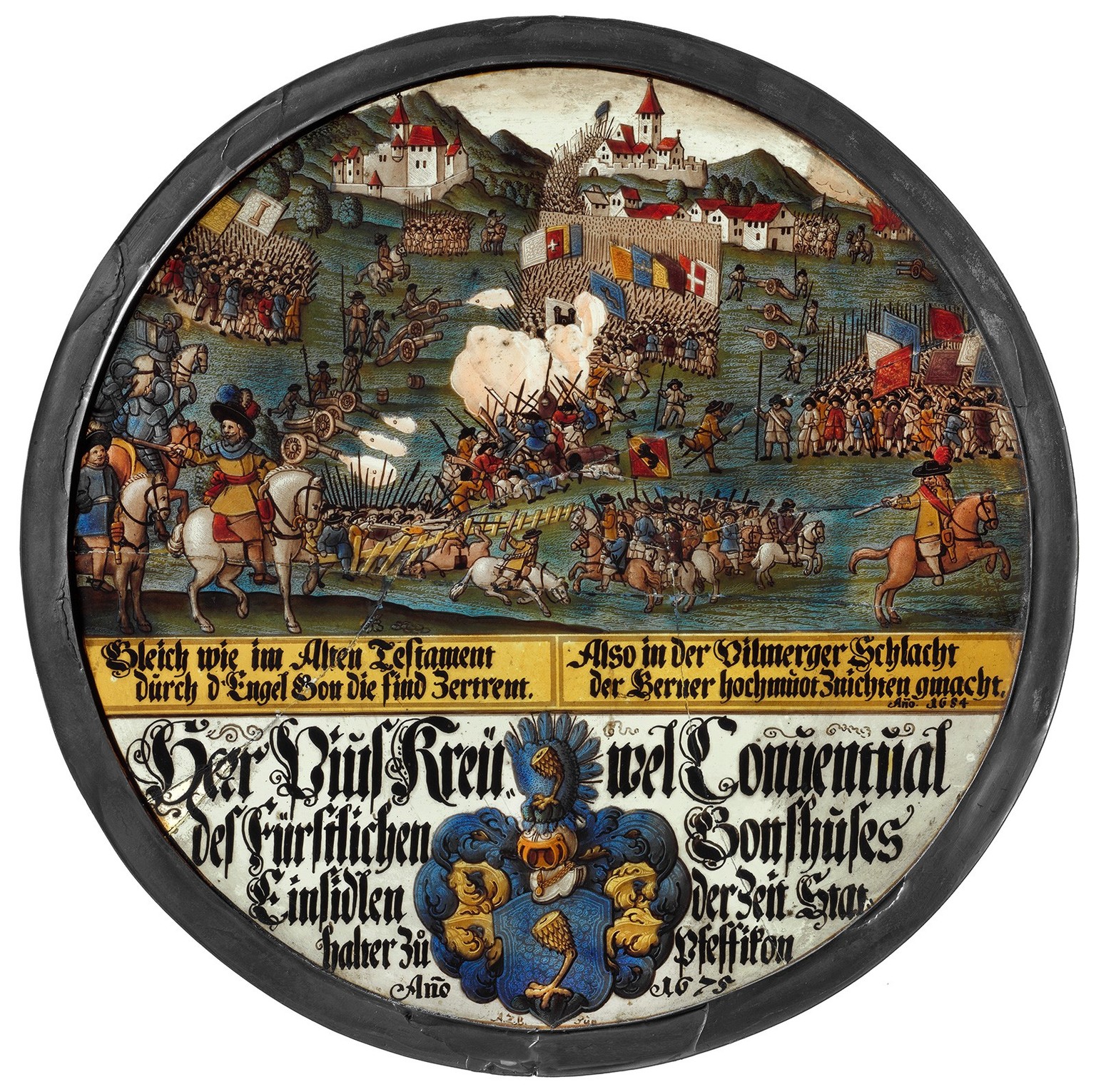 Wappenscheibe zur Erinnerung an den Sieg über die Berner in der Ersten Schlacht von Villmergen am 24. Januar 1656. Die Scheibe wurde von Pater Pius Kreuel aus dem Kloster Einsiedeln, damals Statthalte ...
