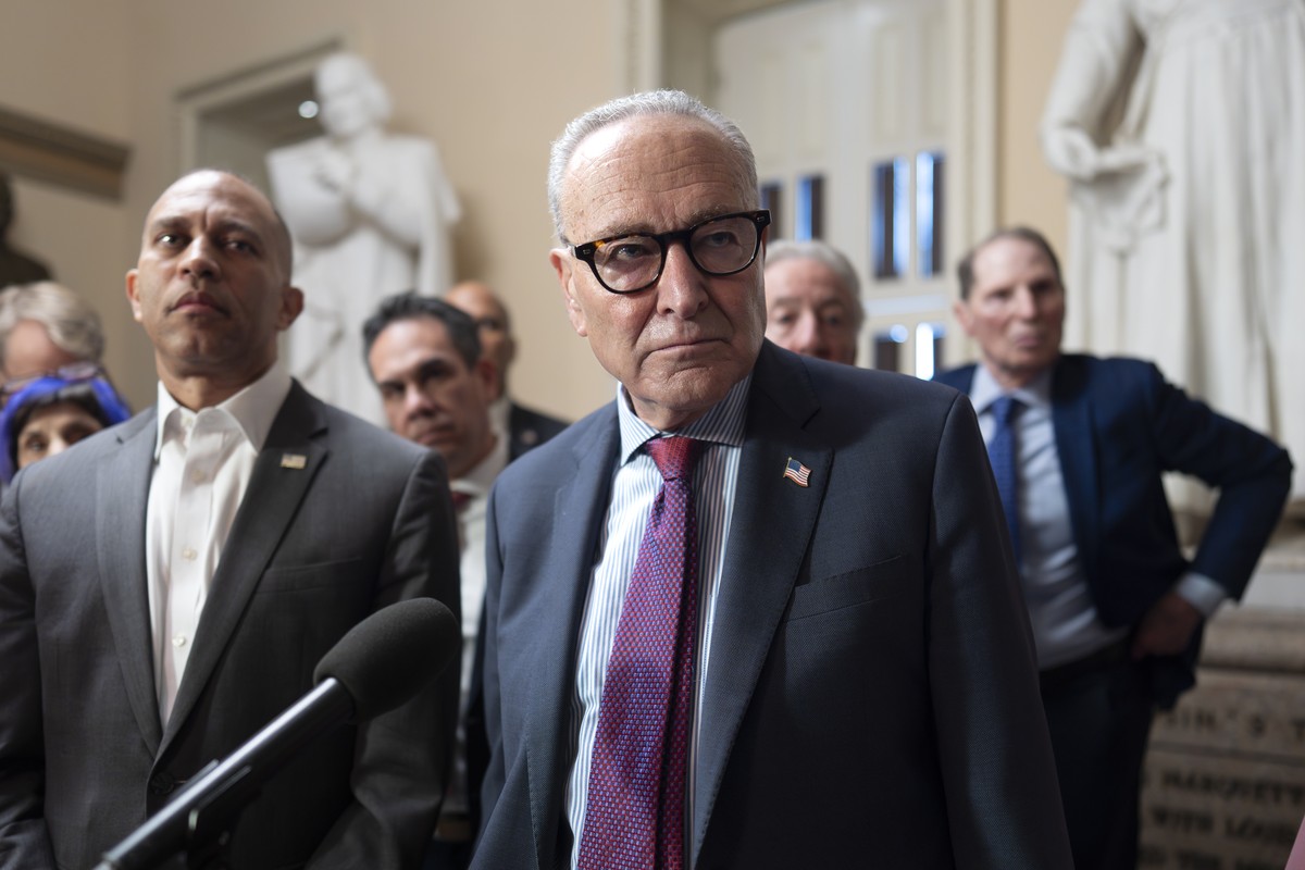 House Democratic Leader Hakeem Jeffries, left, and Senate Democratic Leader Chuck Schumer, both of New York, tell reporters that they are united as the Sept. 30 funding deadline approaches, at the Cap ...
