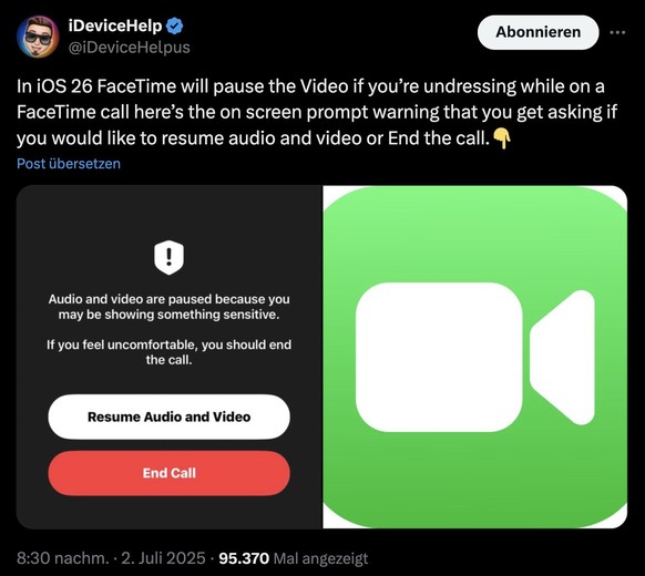 Screenshot: x.com iOS 26 aktiviert in Beta-Version Nacktfilter bei FaceTime