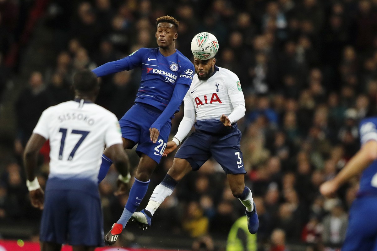 Chelsea's Callum Hudson-Odoi, left, and Tottenham's Danny Rose challenge for the ball during the English League Cup semifinal first leg soccer match between Tottenham Hotspur and Chelsea at  ...