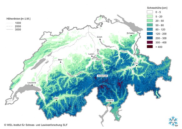 Die Schneehöhe in der Schweiz am 6. Februar 2014.