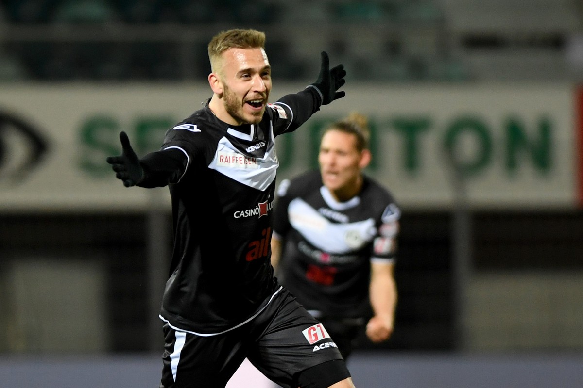 Lugano's player Sandi Lovric celebrates the 1-1 goal, during the Super League soccer match between FC Lugano and FC Basel, at the Cornaredo stadium in Lugano, on Saturday, 20 March 2021. (KEYSTON ...