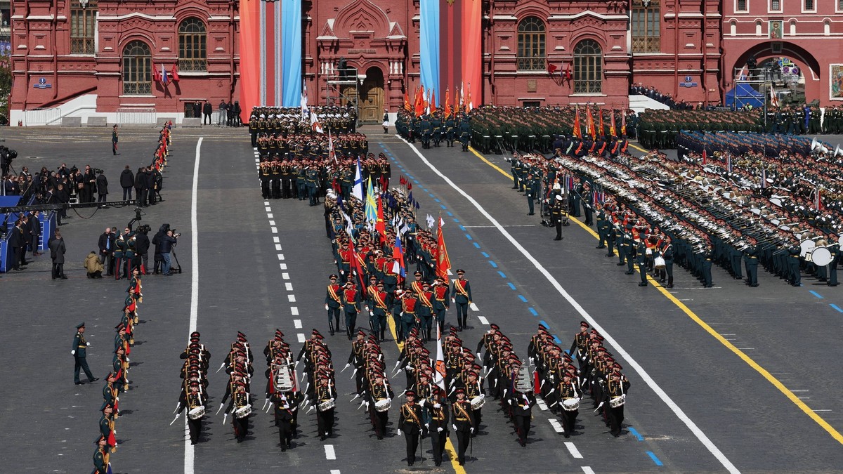 Feierlichkeiten am Tag des Sieges in Russland, Parade in Moskau Russia WWII Victory Day Parade 8428494 09.05.2023 Russian servicemen march during a Victory Day military parade, which marks the 78th an ...
