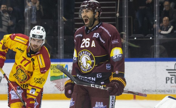 Geneve-Servette&#039;s forward Daniel Winnik #26, of Canada, celebrates his goal after scoring the 2:2, during a National League regular season game of the Swiss Championship between Geneve-Servette H ...