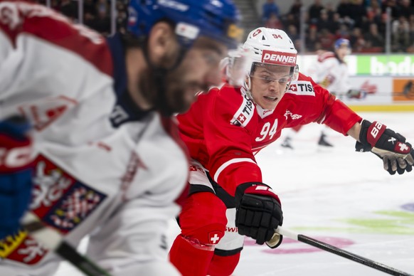 Switzerland's Attilio Biasca during the Euro Hockey Tour game between Switzerland and Czechia, at the Swiss Life Arena in Zurich, Switzerland, Saturday, December 13, 2025. (KEYSTONE/Andreas Becke ...