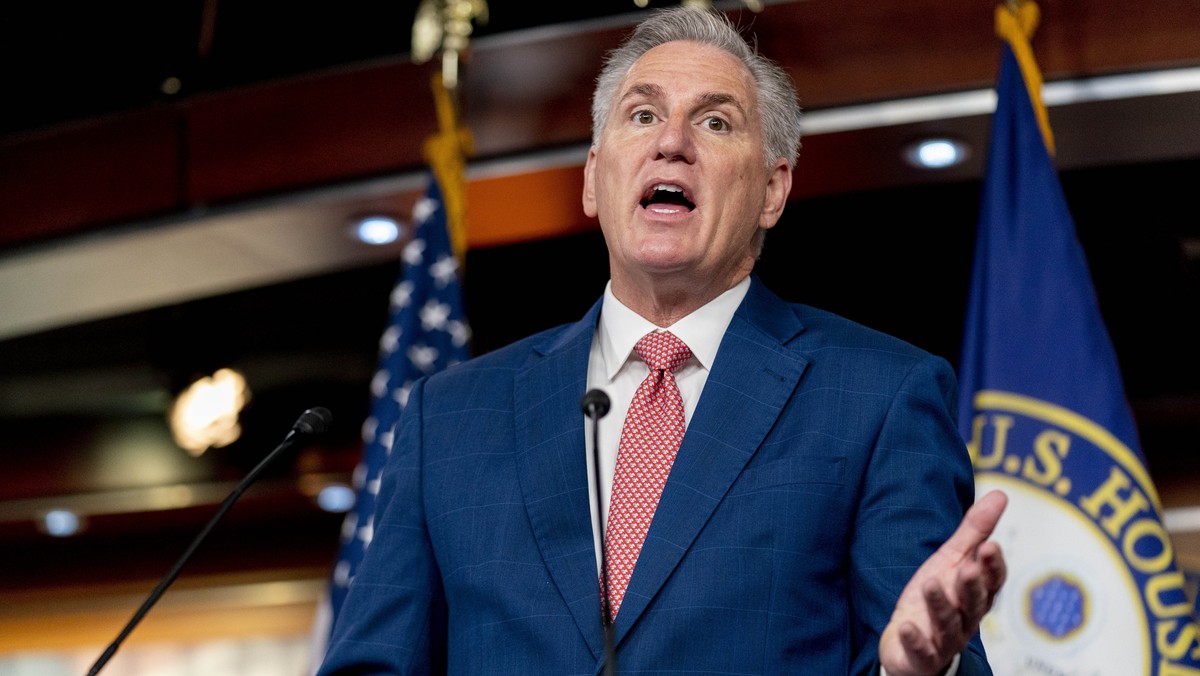 FILE - House Minority Leader Kevin McCarthy of Calif. speaks at a news conference on Capitol Hill in Washington, July 29, 2022. McCarthy warned Tuesday, Oct. 18, that Republicans will not write a