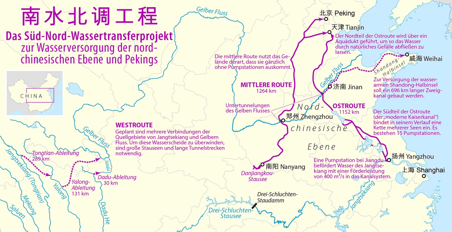 Karte des chinesischen Süd-Nord-Wassertransferprojekts.
https://commons.wikimedia.org/w/index.php?curid=39978914
