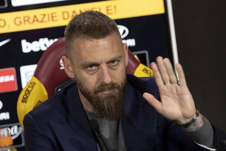 epa07569683 AS Roma captain Daniele De Rossi holds a press conference at Trigoria Sports Center, Rome, Italy, 14 May 2019. De Rossi announced that he will not renewal his contract with the club after  ...