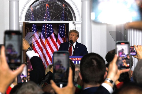 epa10689677 Former US President Donald J. Trump speaks outside at Trump National Golf Club, in Bedminster, New Jersey, USA, 13 June 2023. Earlier Trump was charged in a Miami federal court with multip ...