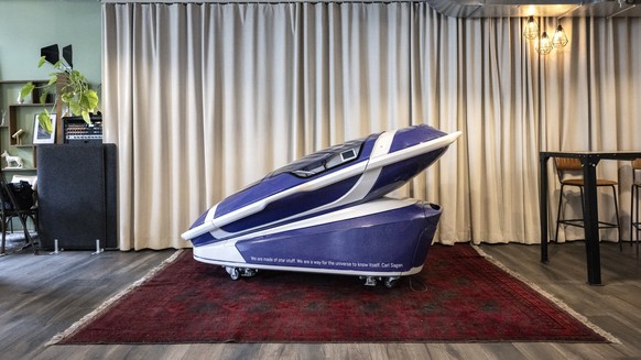 epa11483316 The death capsule 'Sarco' developed by Exit International is presented during a press conference at Resilient Studios in Zurich, Switzerland, 17 July 2024. The Last Resort euthan ...