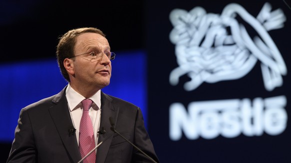 epa05892107 Nestle&#039;s CEO Ulf Mark Schneider speaks during the general meeting of the world&#039;s biggest food and beverage company, Nestle Group, in Lausanne, Switzerland, 06 April 2017. EPA/LAU ...