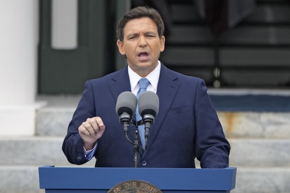FILE - Florida Gov. Ron DeSantis speaks after being sworn in to begin his second term during an inauguration ceremony outside the Old Capitol on Jan. 3, 2023, in Tallahassee, Fla. DeSantis&#039; admin ...