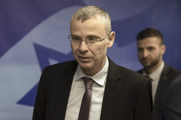 Israeli Justice Minister Yariv Levin attends a weekly cabinet meeting at the Prime Minister&#039;s office in Jerusalem on Sunday, Jan. 15, 2023. (Menahem Kahana/Pool Photo via AP)