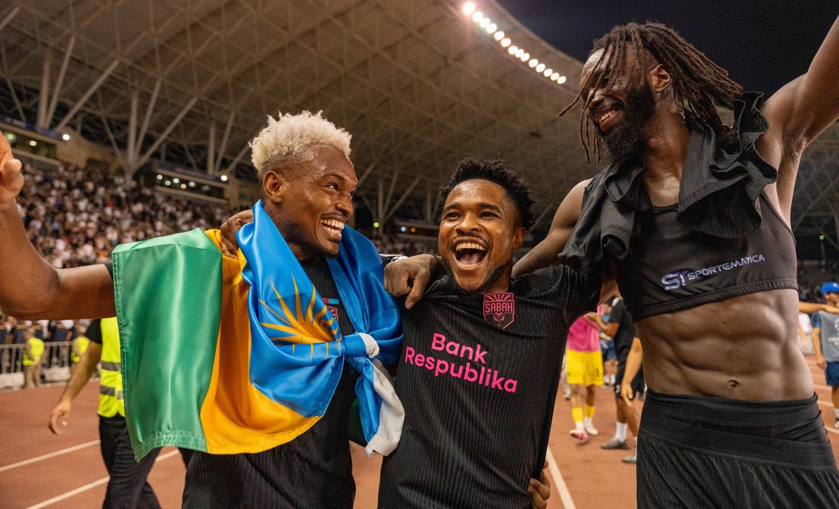 Joy Lance Mickels and Patrick Orphe M Bina seen during UEFA Champions League 26 27 4th qualifying round 2ed leg match between teams of Sabah FK and Hapoel Beer Sheva Lukasz Germaniuk Ball Raw Images B ...