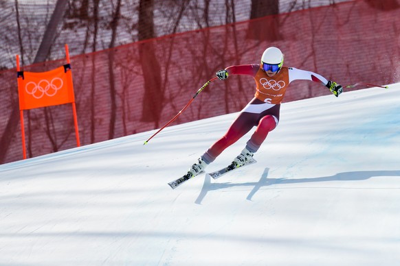 Corinne Suter of Switzerland in acrtion during the women Alpine Skiing downhill training in the Jeongseon Alpine Center during the XXIII Winter Olympics 2018 in Pyeongchang, South Korea, on Monday, February 19, 2018. (KEYSTONE/Jean-Christophe Bott)