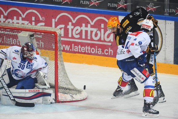 LuganoÕs player Maxime Lapierre, back, fights for the puck with Zurich&#039;s player Pius Suter, front right, during the seventh match of the playoff final of the National League of the ice hockey Swi ...