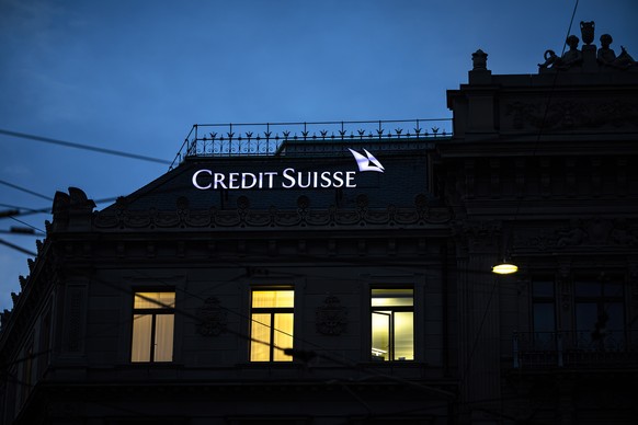 epa10532663 The logo of the Swiss bank Credit Suisse is seen at the banks headquarters at Paradeplatz in Zurich, Switzerland, 19 March 2023. Shares of Credit Suisse lost more than one-quarter of their ...