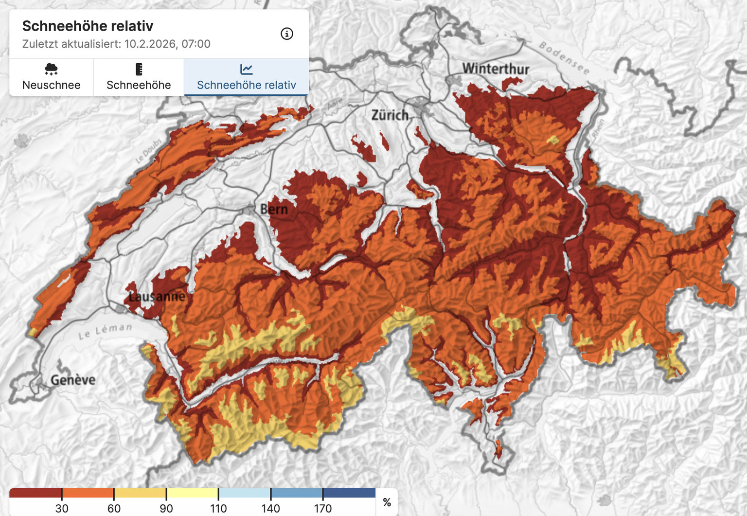 Relative Schneehöhen in der Schweiz am 10. Februar 2026.