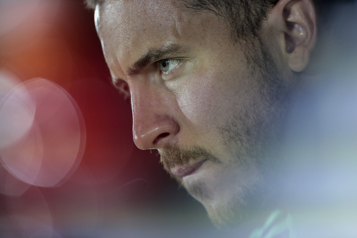 Real Madrid's Eden Hazard attends a press conference in Madrid, Spain, Monday, Sept. 30, 2019. Real Madrid will play against Club Brugge KV in a Champions League soccer match on Tuesday. (AP Phot ...