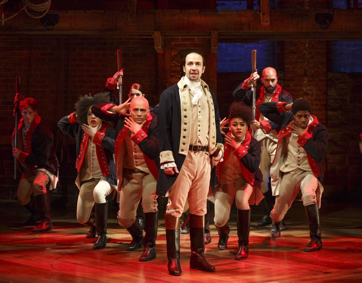 FILE - In this file photo released by The Public Theater, Lin-Manuel Miranda, foreground, performs with members of the cast of the musical "Hamilton" in New York. A group dedicated to studyi ...