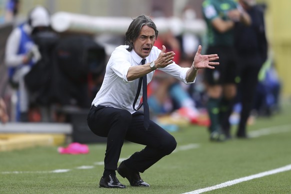 Benevento coach Filippo Inzaghi gestures during the Italian Serie A soccer match between Benevento and Crotone at the Vigorito stadium in Benevento, Italy, Sunday, May 16, 2021. (Alessandro Garofalo/L ...