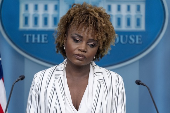 White House press secretary Karine Jean-Pierre listens to a question as she speaks with reporters in the James Brady Press Briefing Room at the White House, Monday, April 29, 2024, in Washington. (AP  ...