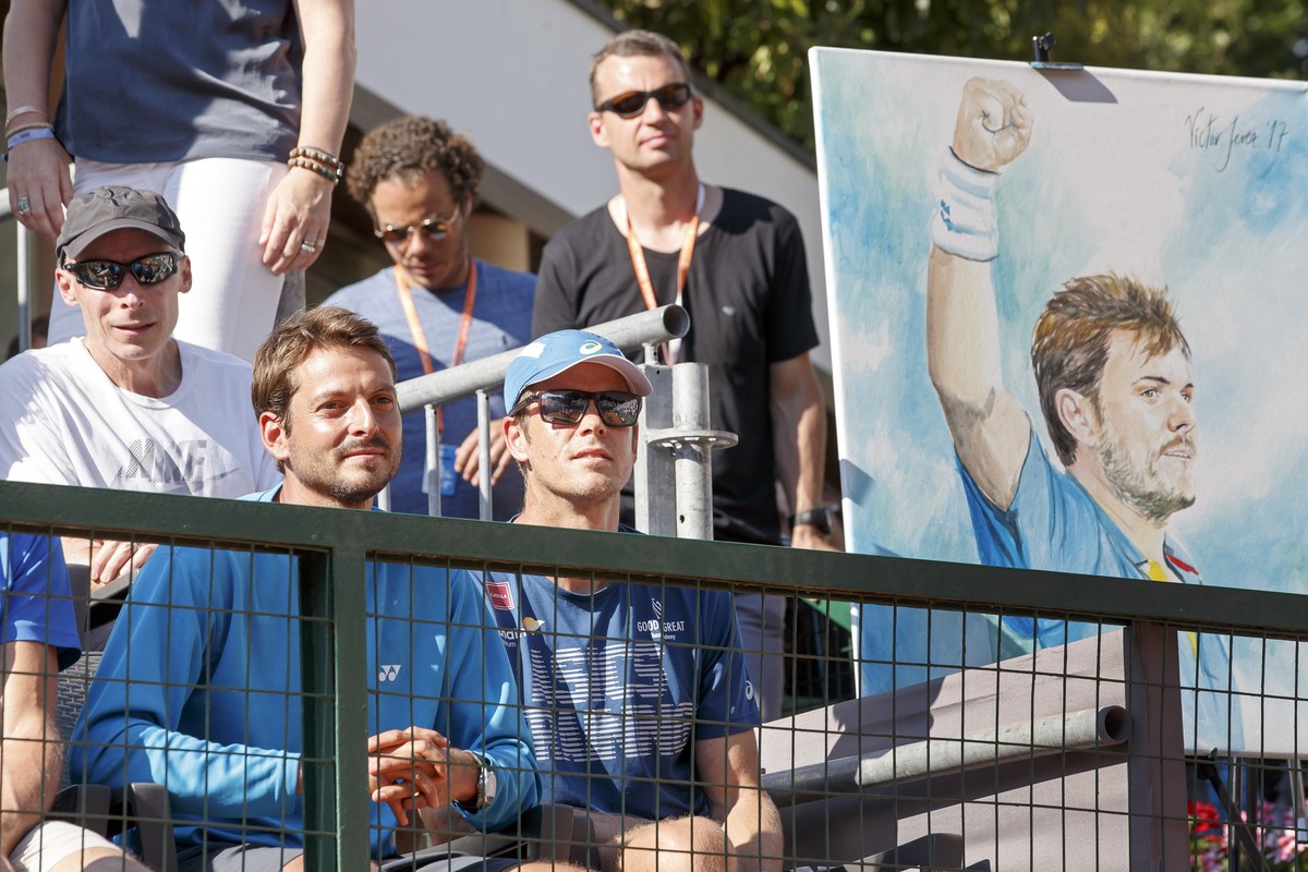 Pierre Paganini, left, physical coach of Stanislas "Stan" Wawrinka, with Yannick Fattebert, center, and Magnus Norman, right, the two coaches of Stanislas "Stan" Wawrinka, next to  ...