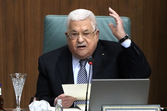 FILE - Palestinian President Mahmoud Abbas speaks during a conference to support Jerusalem at the Arab League headquarters in Cairo, Egypt, on Feb. 12, 2023. The Palestinian Authority has announced th ...