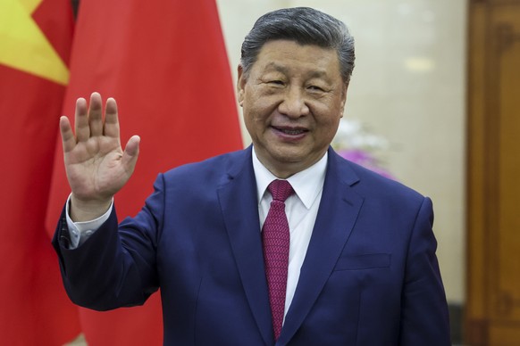 Chinese President Xi Jinping gestures during his two-day state visit, in Hanoi, Vietnam, Monday April 14, 2025. (Athit Perawongmetha/Pool Photo via AP)
Vietnam China