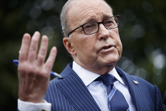 epa07753679 Director of the National Economic Council Larry Kudlow responds to questions from the news media following a television interview outside the West Wing of the White House in Washington, DC ...