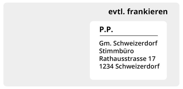 Je nach Kanton und Gemeinde muss das Rückantwortcouvert frankiert werden oder nicht. Achten Sie auf die unterschiedlichen Zustellfristen von A- und B-Post.
Notabene: Für den Versand in der Schweiz ist ...