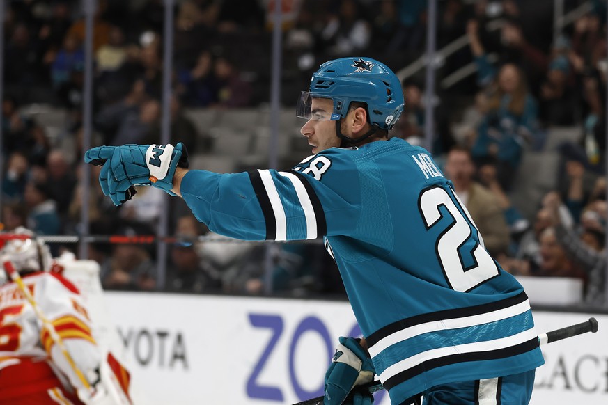 San Jose Sharks right wing Timo Meier (28) celebrates after scoring a goal in the first period of an NHL hockey game against the Calgary Flames, Sunday, Dec. 18, 2022, in San Jose, Calif. (AP Photo/Jo ...