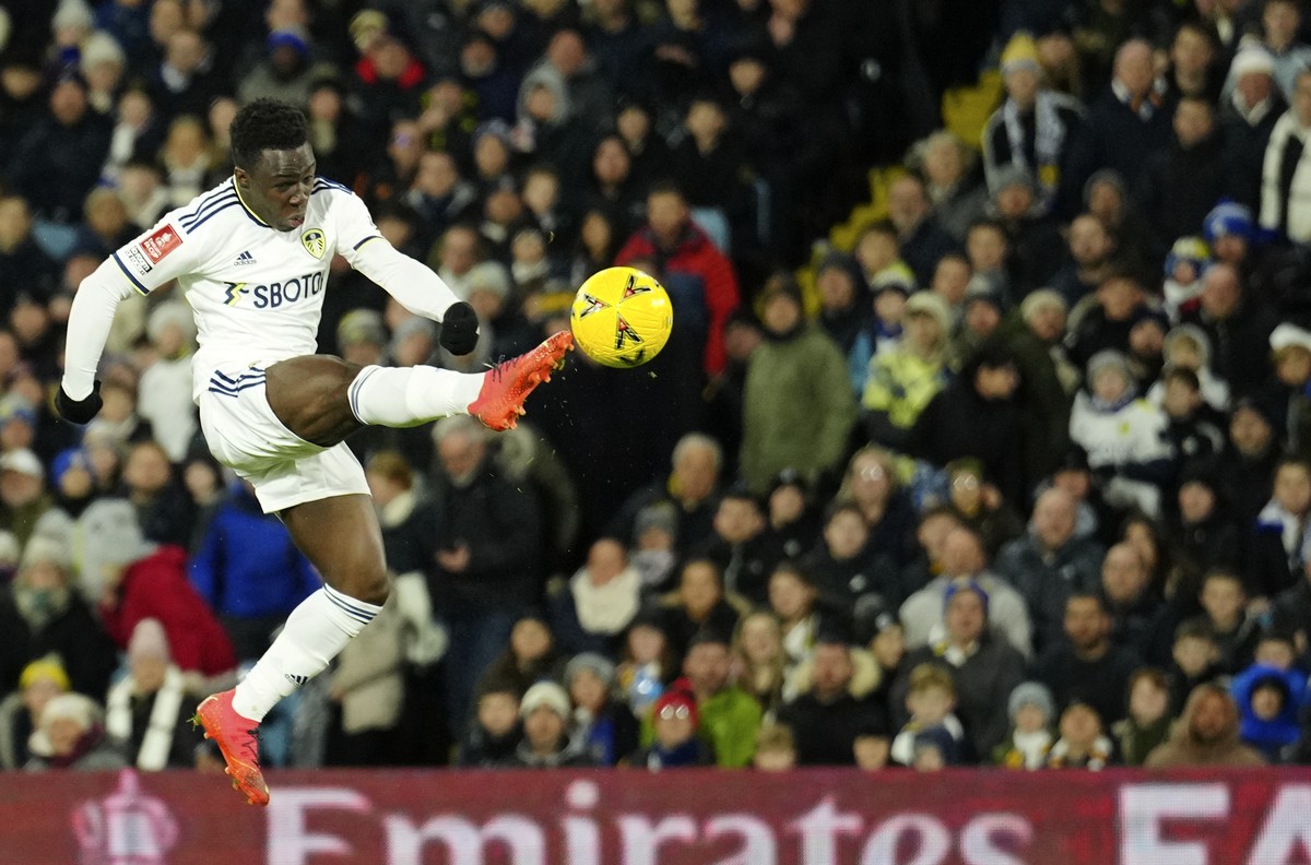 Leeds United's Wilfried Gnonto scores his side's opening goal during the English FA Cup third round soccer match between Leeds United and Cardiff City at Elland Road Stadium in Leeds, Englan ...
