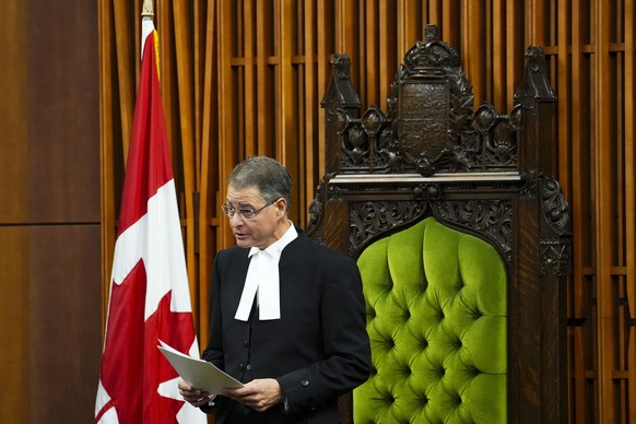 The Speaker of the House of Commons Anthony Rota delivers a speech following an address by Ukrainian President Volodymyr Zelenskyy in the House of Commons on Parliament Hill in Ottawa on Friday, Sept. ...