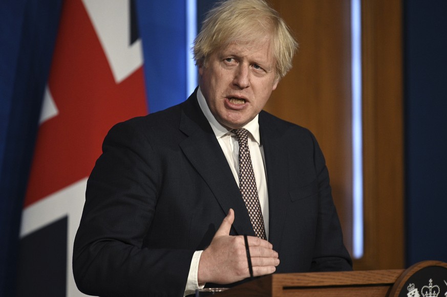 Britain&#039;s Prime Minister Boris Johnson speaks during a media briefing on coronavirus in Downing Street, London, Monday, July 5, 2021. Johnson says people in England will no longer be required by  ...