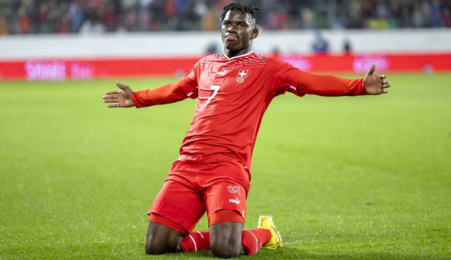 Switzerland&#039;s Breel Embolo celebrates after scoring the second goal for Switzerland during the UEFA Nations League group A2 soccer match between Switzerland and Czech Republic, on Tuesday, Septem ...