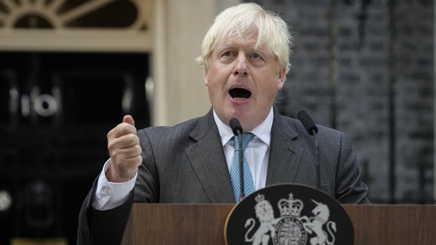 FILE - Outgoing British Prime Minister Boris Johnson speaks outside Downing Street in London, Sept. 6, 2022. Liz Truss