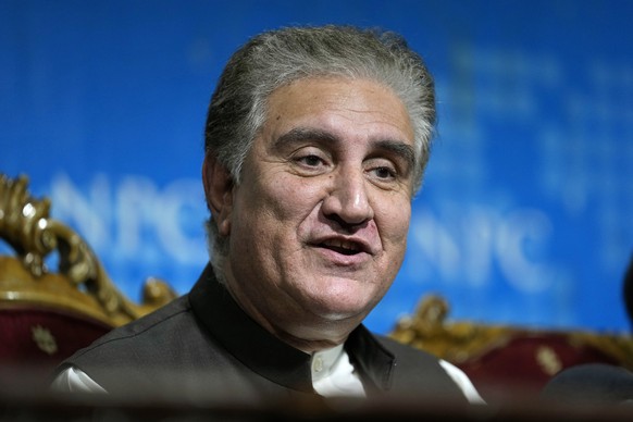 Shah Mahmood Qureshi, a top leader of Pakistan&#039;s former Prime Minister Imran Khan&#039;s &#039;Pakistan Tehreek-e-Insaf&#039; party gives a press conference regarding Khan&#039;s arrest and his c ...