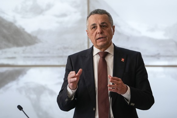 Swiss Foreign Minister Ignazio Cassis speaks during a press conference at the Swiss residence after meeting with Chinese officials in Beijing, Wednesday, February 7, 2024. (AP Photo/Andy Wong…