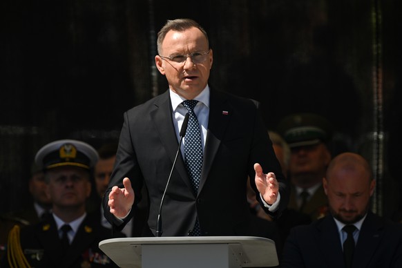 epa11344957 Polish President Andrzej Duda (C) speaks during ceremonies marking Border Guard Day in Gdansk, northern Poland, 16 May 2024. The Border Guard Day, established by the Sejm on 21 July 1995 u ...
