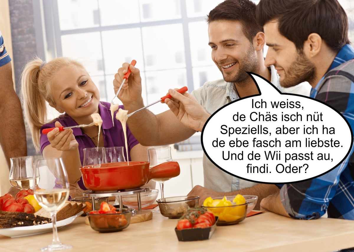 Happy friends enjoying time together, having cheese fondue, smiling.