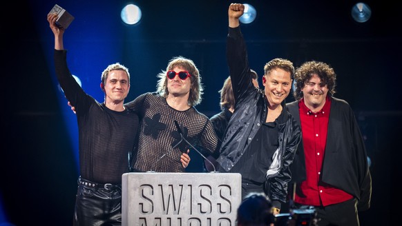 Best Live Act Hecht thanks for winning at the award ceremony of the Swiss Music Awards in Zurich, Switzerland, on Thursday, March 19, 2026. (KEYSTONE/Andreas Becker)