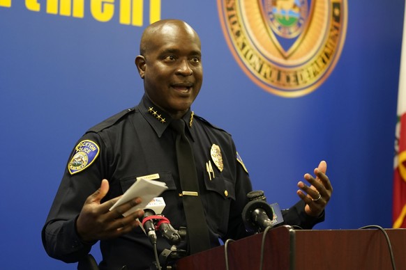 Stockton Police Chief Stanley McFadden updates reporters about the investigation into the shooting deaths of six men and one woman during a news conference in Stockton , Calif., Tuesday, Oct. 4, 2022. ...