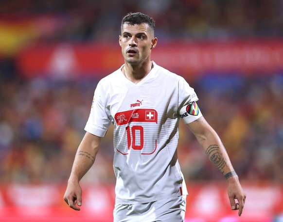 XHAKA Granit Kapitaen Team Schweiz mit Kapitaensbinde ONE LOVE UEFA Nations League Saison 2022 Spiel Spanien - Schweiz 1 : 2 am 24.09. 2022 in Zaragoza REGULATIONS PROHIBIT ANY USE OF PHOTOGRAPHS as I ...