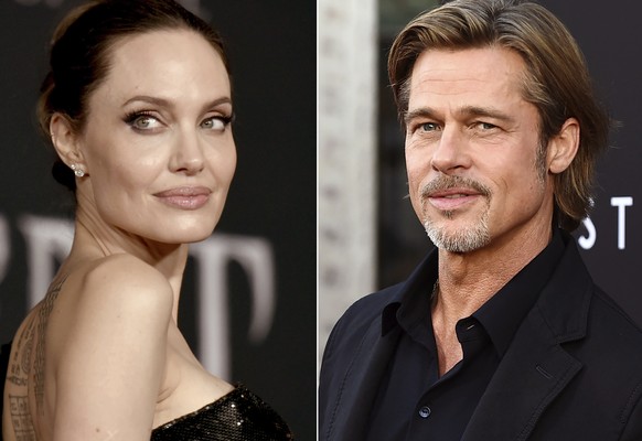 This combination photo shows Angelina Jolie at a premiere in Los Angeles on Sept. 30, 2019, left, and Brad Pitt at a special screening on Sept. 18, 2019. Jolie criticized a judge deciding on custody a ...