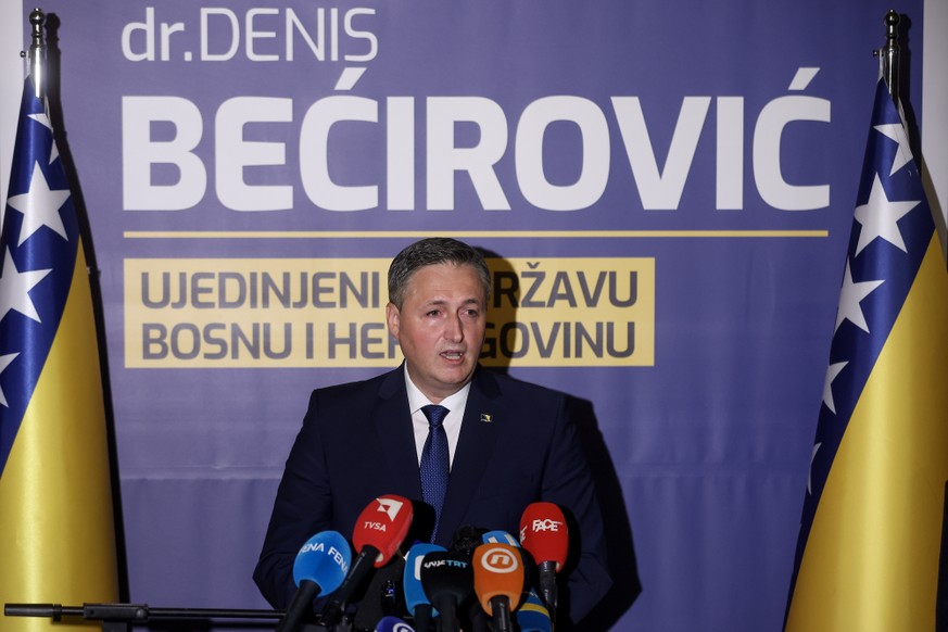 Denis Becirovic of Social Democratic Party (SDP) speaks at a news conference where he declared himself the winner of the Bosniak seat of the tripartite Bosnian Presidency in Sarajevo, Bosnia, Sunday,  ...