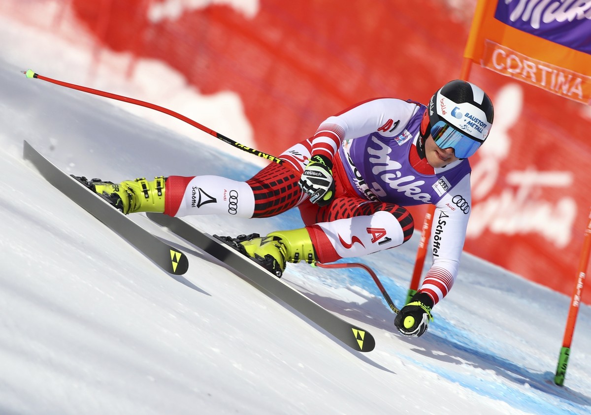 Austria's Ramona Siebenhofer competes during an alpine ski, women's World Cup downhill in Cortina D'Ampezzo, Italy, Saturday, Jan. 19, 2019. (AP Photo/Marco Trovati)