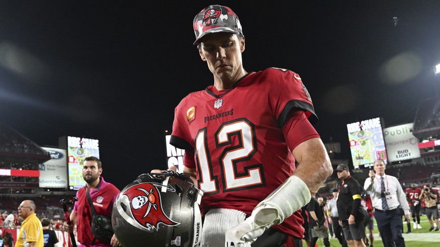 Tampa Bay Buccaneers quarterback Tom Brady walks off the field following an NFL football game against the Baltimore Ravens Thursday, Oct. 27, 2022, in Tampa, Fla. The Ravens won 27-22. (AP Photo/Jason ...